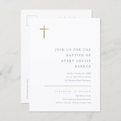 Modern Minimal Gold Cross Baptism Invitation Postcard | Zazzle