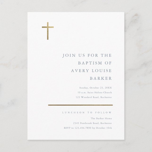 Modern Minimal Gold Cross Baptism Invitation Postcard (Front)
