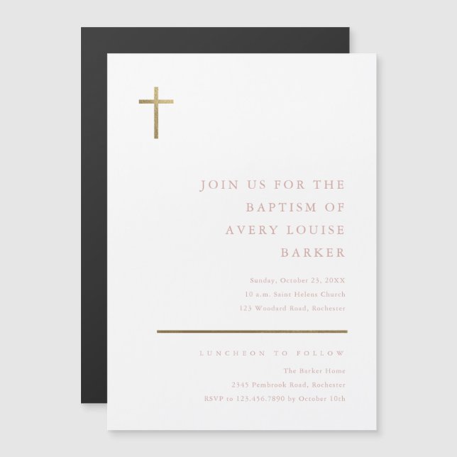 Modern Minimal Gold Cross Baptism Magnetic Invitation (Front/Back)