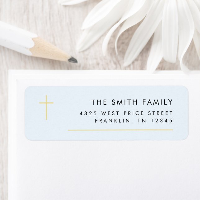 Modern Minimal Gold Cross Baptism Return Address  Label (Insitu)