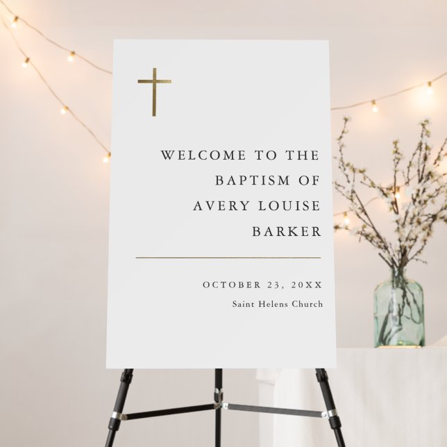 Modern Minimal Gold Cross Baptism Welcome Easel Foam Board (In Situ (Stand))