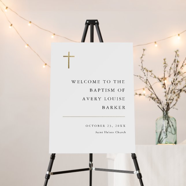 Modern Minimal Gold Cross Baptism Welcome Easel Foam Board (In Situ (Stand))
