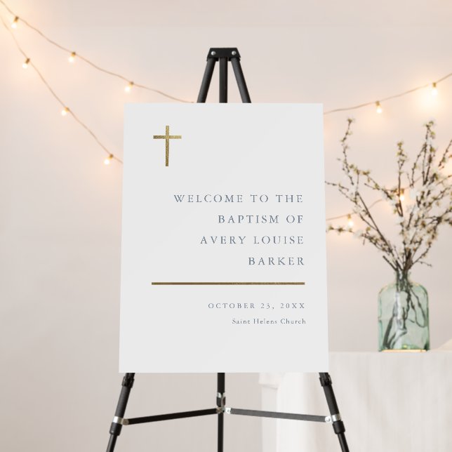 Modern Minimal Gold Cross Baptism Welcome Foam Board (In Situ (Stand))