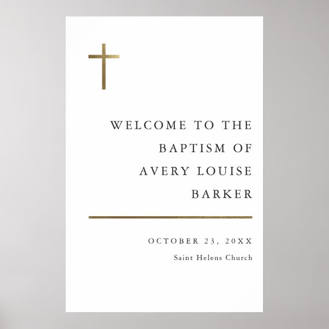 Modern Minimal Gold Cross Baptism Welcome Poster (Front)