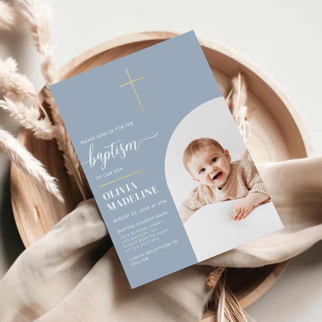 Modern Minimal Gold Cross Photo Baptism Foil Invitation (Creator Uploaded)