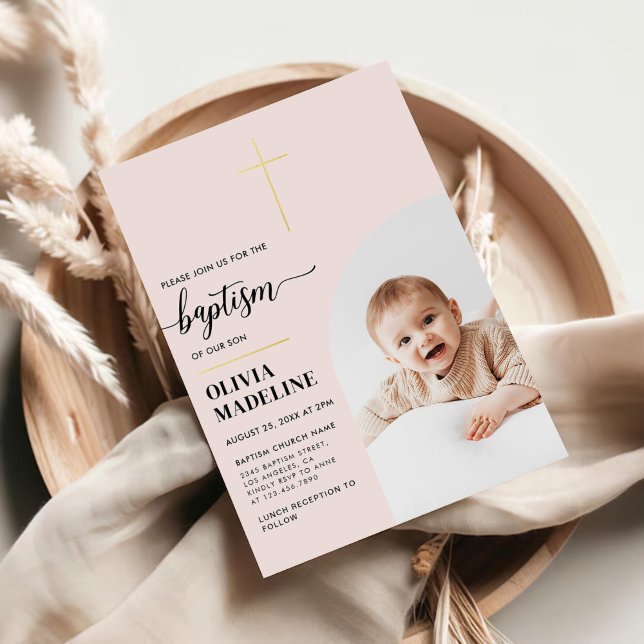 Modern Minimal Gold Cross Photo Baptism Foil Invitation (Creator Uploaded)