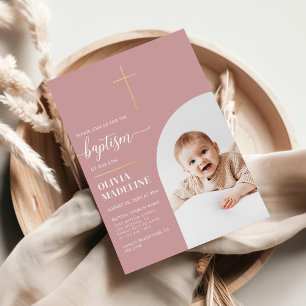 Modern Minimal Gold Cross Photo Baptism Foil Invitation