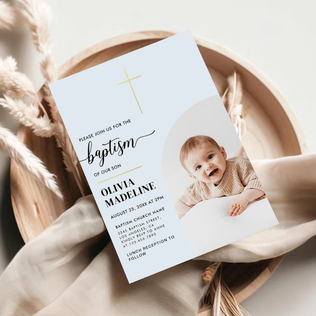 Modern Minimal Gold Cross Photo Baptism Foil Invitation (Creator Uploaded)