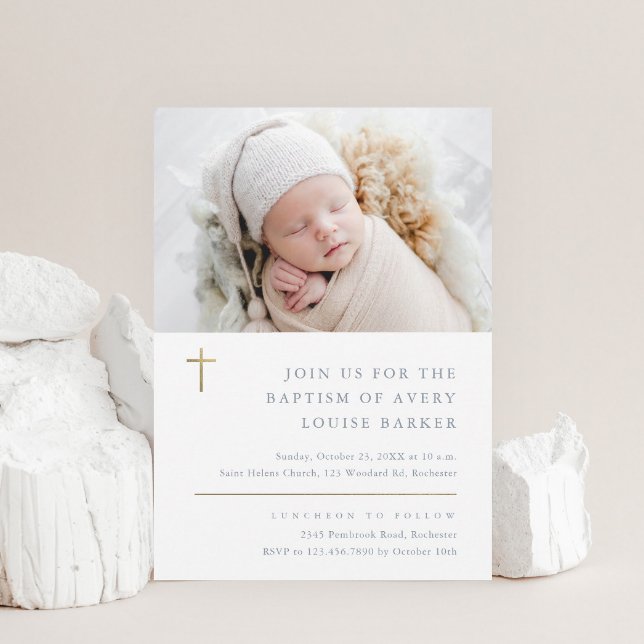 Modern Minimal Gold Cross Photo Baptism Invitation (Creator Uploaded)