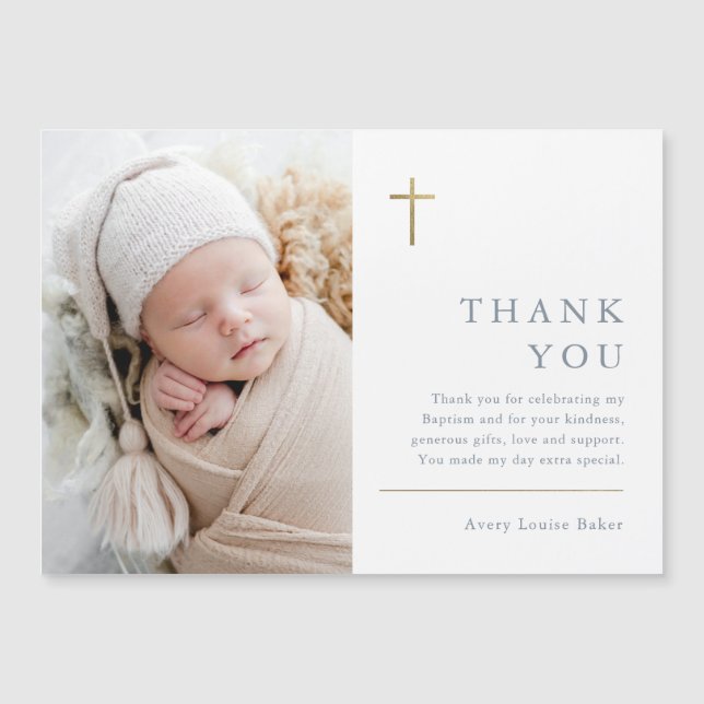 Modern Minimal Gold Cross Photo Baptism Thank You (Front)