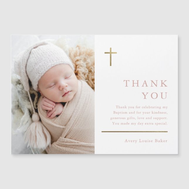 Modern Minimal Gold Cross Photo Baptism Thank You (Front)