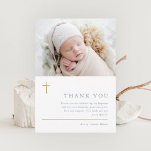 Modern Minimal Gold Cross Photo Baptism Thank You