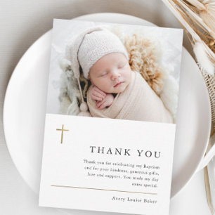 Modern Minimal Gold Cross Photo Baptism Thank You Card