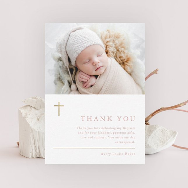 Modern Minimal Gold Cross Photo Baptism Thank You Card (Creator Uploaded)