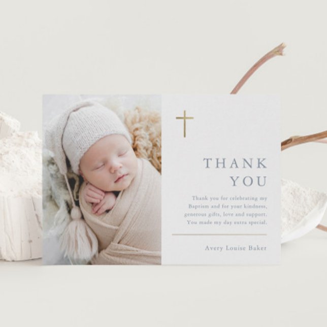 Modern Minimal Gold Cross Photo Baptism Thank You Card (Creator Uploaded)