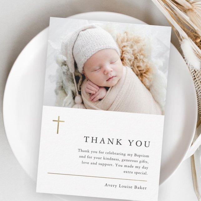 Modern Minimal Gold Cross Photo Baptism Thank You Card (Creator Uploaded)
