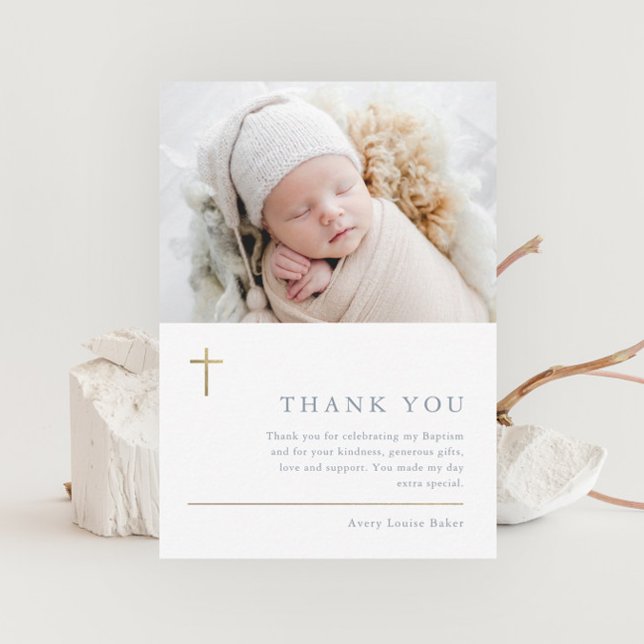Modern Minimal Gold Cross Photo Baptism Thank You Card (Creator Uploaded)