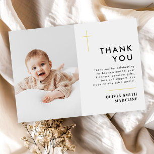 Modern Minimal Gold Cross Photo Baptism Thank You Card