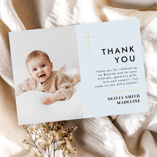 Modern Minimal Gold Cross Photo Baptism Thank You Card