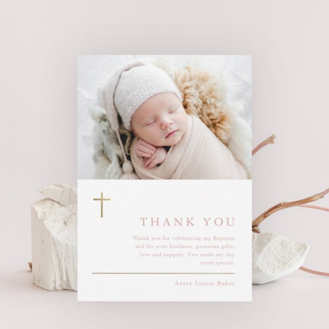 Modern Minimal Gold Cross Photo Baptism Thank You Postcard (Elegant gold cross baby photo baptism thank you postcard.)