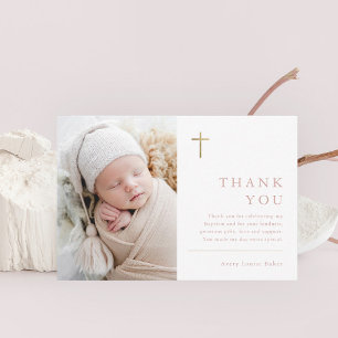 Modern Minimal Gold Cross Photo Baptism Thank You Postcard