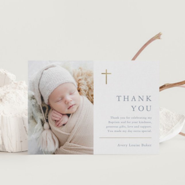 Modern Minimal Gold Cross Photo Baptism Thank You Postcard (Modern gold cross baby photo boys baptism thank you postcard.)