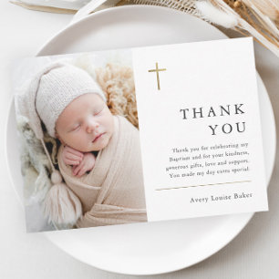 Modern Minimal Gold Cross Photo Baptism Thank You Postcard