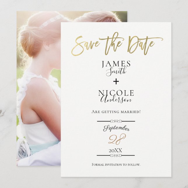 Modern Minimal Gold Foil Full Photo Save the Date Invitation (Front/Back)