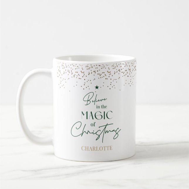 Modern Minimal Gold Glitter Green Christmas Tree Coffee Mug (Left)