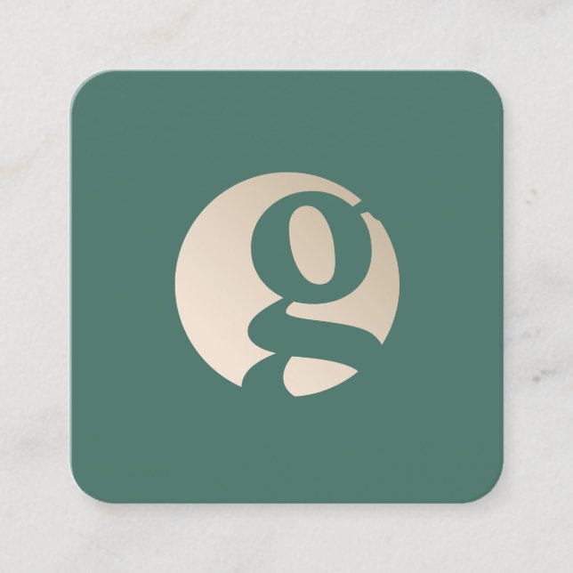 Modern minimal gold green monogram square business card (Front)