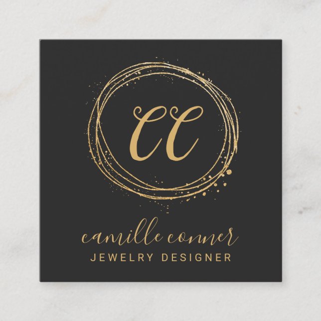 Modern Minimal Gold Monogram Jewelry Designer Square Business Card (Front)