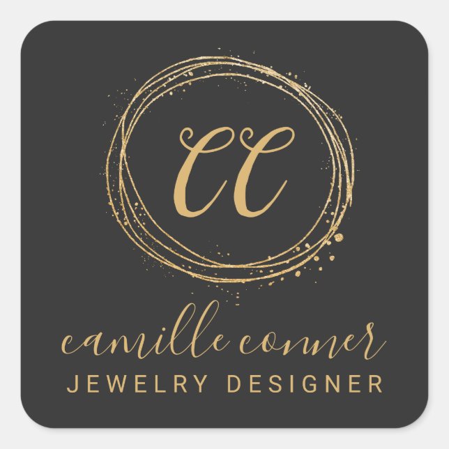 Modern Minimal Gold Monogram Jewelry Designer Square Sticker (Front)