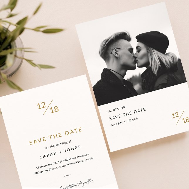 Modern Minimal Gold Monogram Photo Save The Date Invitation (Creator Uploaded)