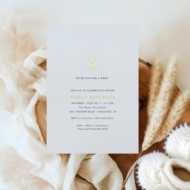 Modern Minimal Gold Pacifier Neutral Baby Shower Foil Invitation (Creator Uploaded)