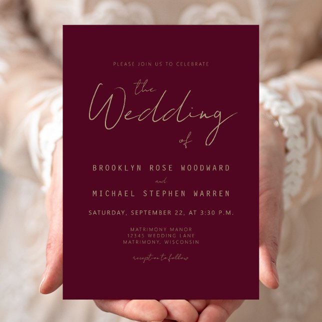Modern Minimal Gold Script Burgundy Wedding Invitation (Creator Uploaded)
