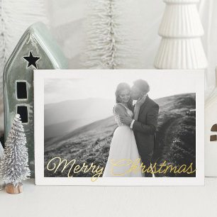 Modern Minimal Gold Script Christmas Wedding Photo Foil Holiday Card
