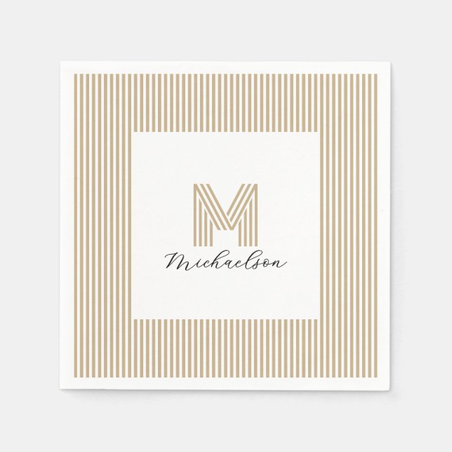 Modern Minimal Gold Stripes Monogram Napkins (Front)