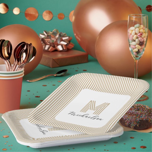 Modern Minimal Gold Stripes Monogram Paper Plates (Multi)