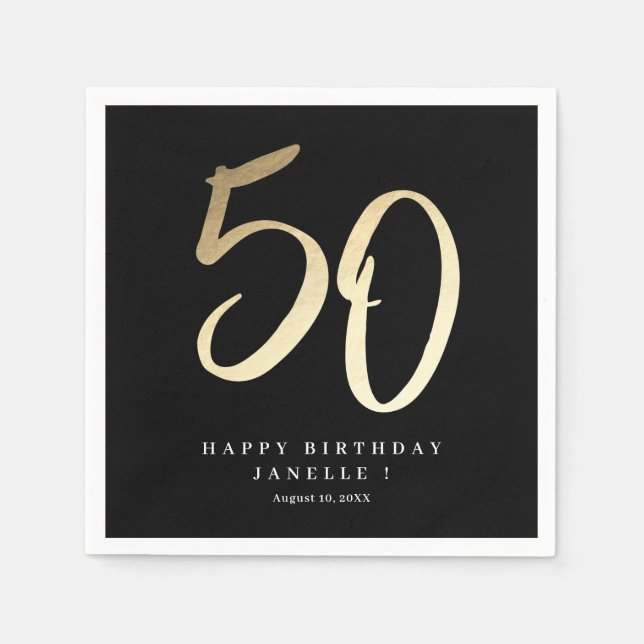 Modern Minimal Gold Type 50th birthday Party Napkins (Front)