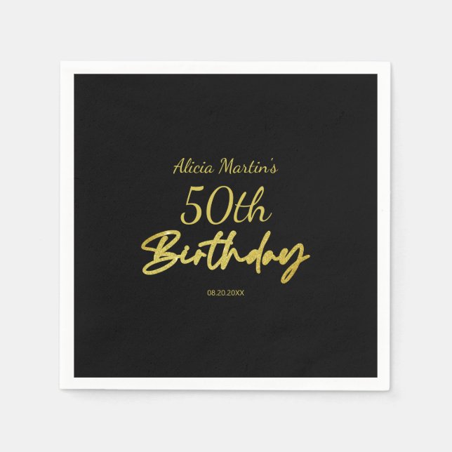 Modern & Minimal Gold Typography Black Birthday Napkins (Front)