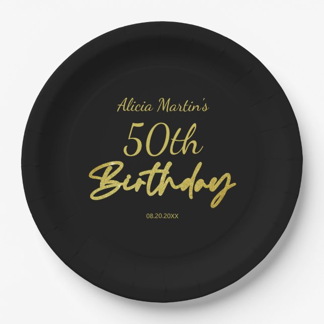 Modern & Minimal Gold Typography Black Birthday Paper Plates (Front)