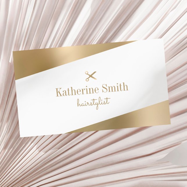 Modern minimal gold & white scissors hairstylist business card (Creator Uploaded)