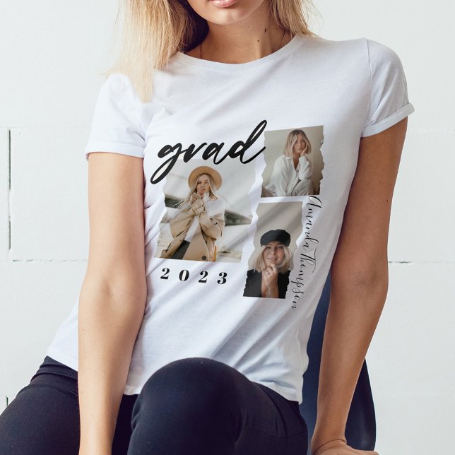Modern Minimal Grad Script Three Photo Graduation T-Shirt (Creator Uploaded)