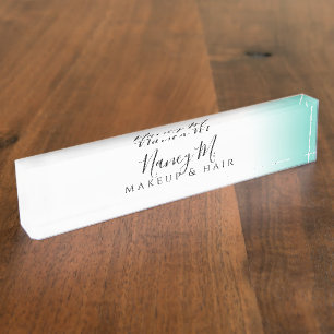 Modern minimal gradient mint white makeup & hair desk name plate