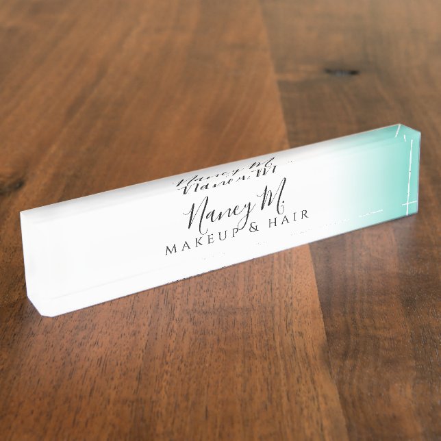 Modern minimal gradient mint white makeup & hair desk name plate (Side)