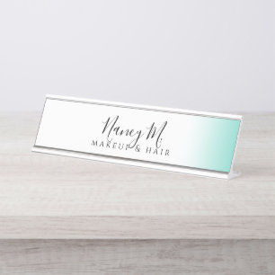 Modern minimal gradient mint white makeup & hair desk name plate