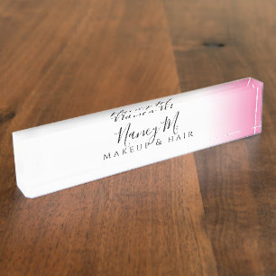 Modern minimal gradient pink white makeup & hair desk name plate