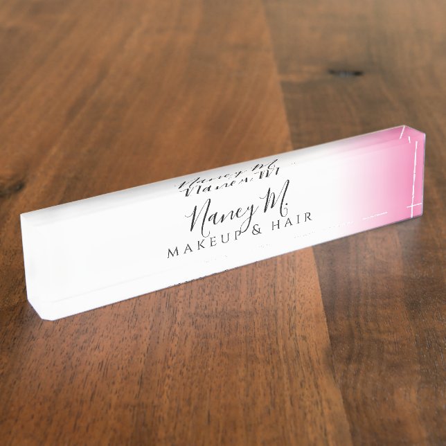 Modern minimal gradient pink white makeup & hair  desk name plate (Side)