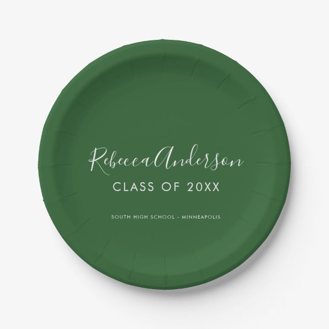 Modern Minimal Graduate Script Dark Green  Paper Plates (Front)
