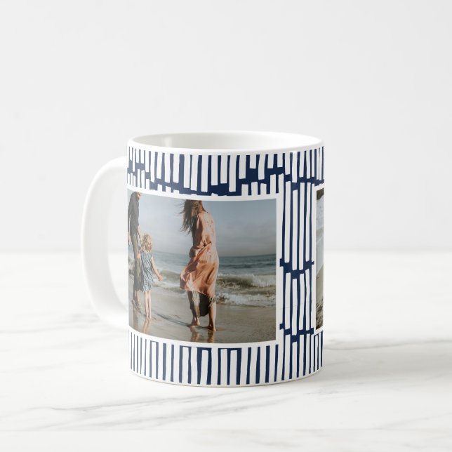 Modern minimal graphic 2 photo navy blue and white coffee mug (Front Left)